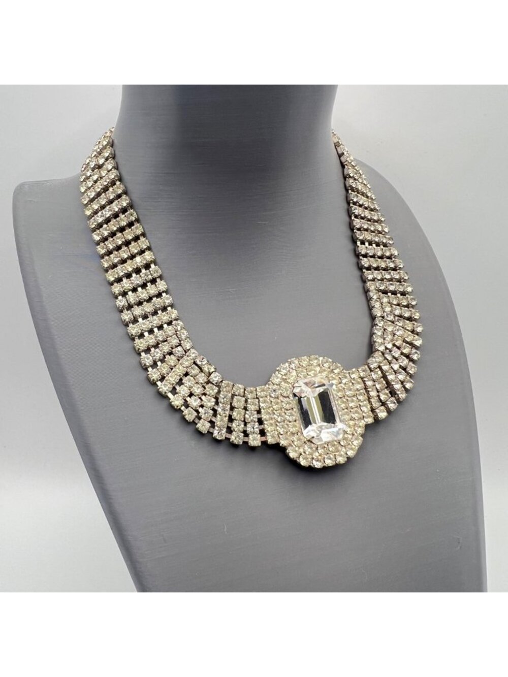Rhinestone Choker Necklace 15.5" Emerald Cut Crystal Silver Tone Hollywood Glam